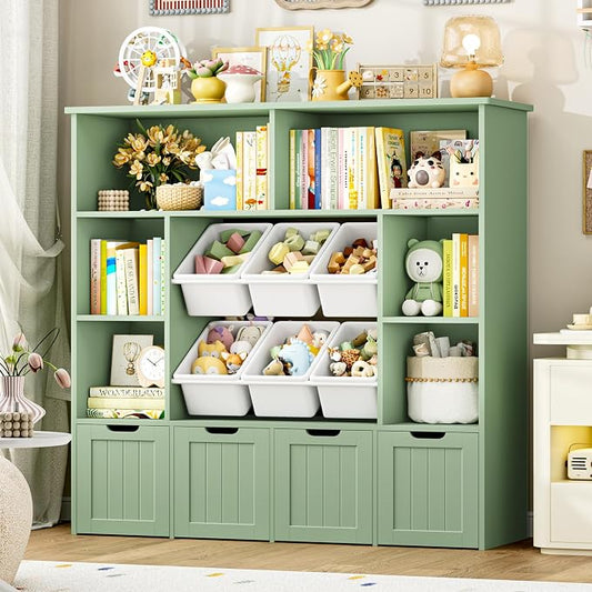 FINETONES Toy Storage Organizer with 6 Toy Bins, Large Toy Organizers and Storage with 4 Movable Drawers and 6 Storage Cubbies, Kids Toy Storage and Toy Chest for Playroom and Kids Room, Green | Toy Storage Organizer and Kids Bookshlef with Toy Bins