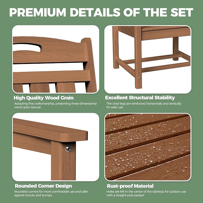 5-Piece Outdoor Dining Furniture Set with Chairs, All-Weather HDPE Patio Table and 4 Chairs, Umbrella Hole, for Garden Backyard or Deck - Teak