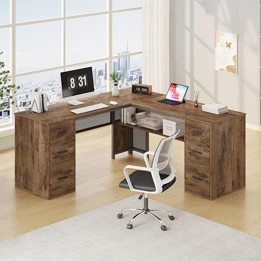HSH L Shaped Computer Desk with File Drawers, Large Metal Wood L Shape Table with Storage Cabinet Shelves, Reversible Corner Home Office Executive Writing Study Workstation Desk, Rustic Brown, 59 Inch