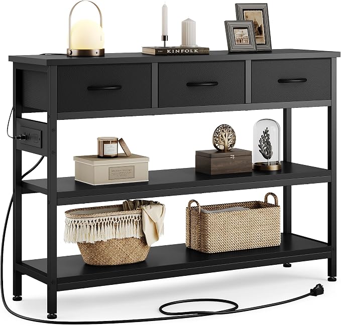 Lulive Entryway Table with Outlets, 3 Fabric Drawers, 43 in Console Table | 43.3"W x 11.8"D entry table with 2 outlets, 2 USB ports, swappable plug side, adjustable feet and anti-tip kit.