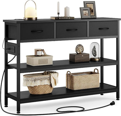 Lulive Entryway Table with Outlets, 3 Fabric Drawers, 43 in Console Table | 43.3"W x 11.8"D entry table with 2 outlets, 2 USB ports, swappable plug side, adjustable feet and anti-tip kit.