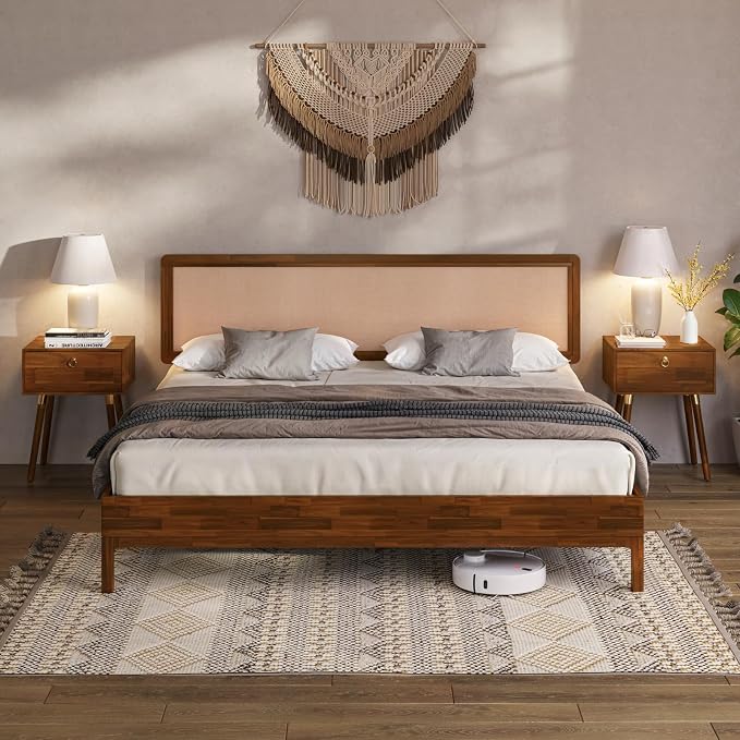 Bme Nipe Bed Frame with Headboard, Bohemian and Mid-Century Modern Style, Solid Acacia Wood Platform Bed with Slat Support, No Box Spring Needed, Easy Assembly, King - Dark Chocolate