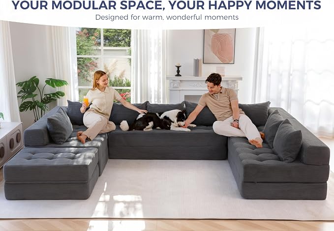 MAXYOYO Modular Sectional Sofa Couch, Foldable Oversized U Shaped Cloud Couch with Pillows, Tufted Boneless Lounger Floor Sofa Bed for Living Room, No Assembly Required, Dark Grey