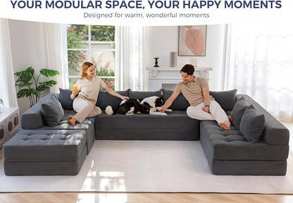 MAXYOYO Modular Sectional Sofa Couch, Foldable Oversized U Shaped Cloud Couch with Pillows, Tufted Boneless Lounger Floor Sofa Bed for Living Room, No Assembly Required, Dark Grey