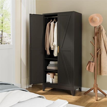 YAUWOH Farmhouse Wardrobe Cabinet,Metal Wardrobe Closet with Hanging Rod,Metal Armoire with Adjustable Shelves for Bedroom,Cloak Room,Office (Black)