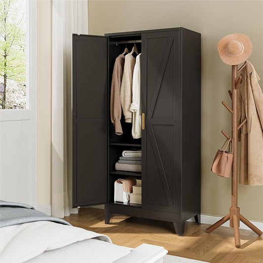 YAUWOH Farmhouse Wardrobe Cabinet,Metal Wardrobe Closet with Hanging Rod,Metal Armoire with Adjustable Shelves for Bedroom,Cloak Room,Office (Black)