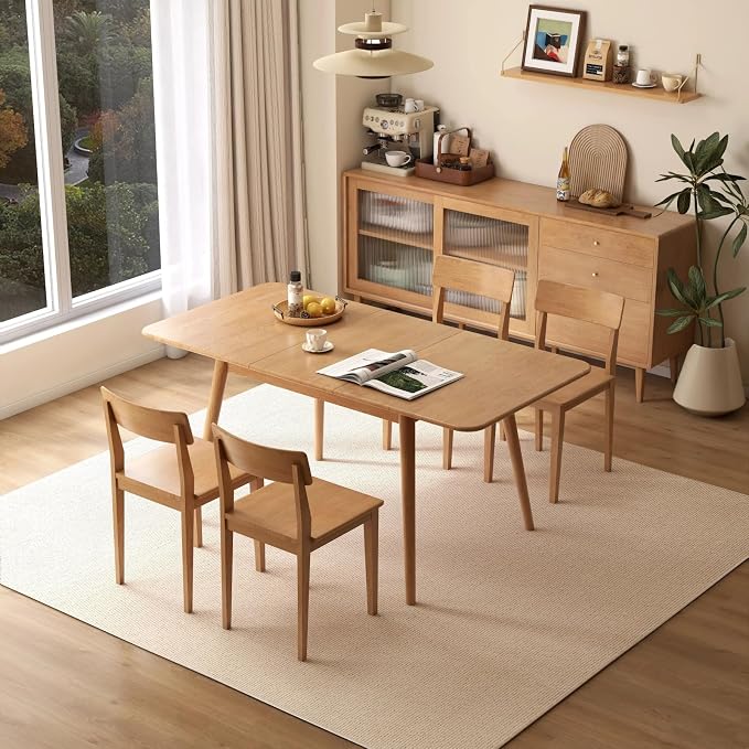 47’’-63’’ 100% Oak Extendable Dining Table Chairs and Bench Set, Solid Wood Folding Kitchen Table, Mid Century Modern Dinner Table for Kitchen, Living Room, Natural (47''-63''+2Chairs+47''Bench)