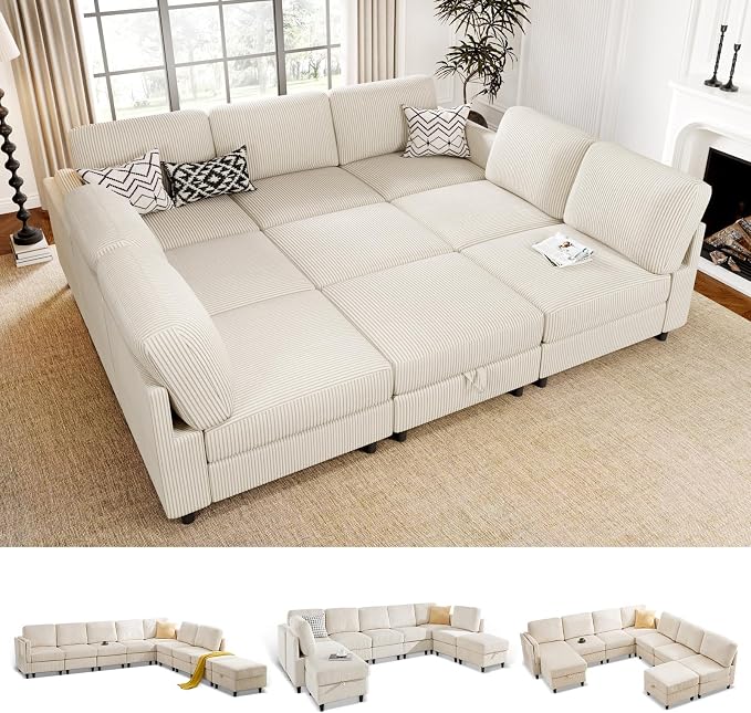KKL Modular Sectional Sofa Bed - Sofabed with Storage Ottoman, Convertible L/U-Shaped Sleeper Couch for Living Room, Modern Reversible Design, Beige