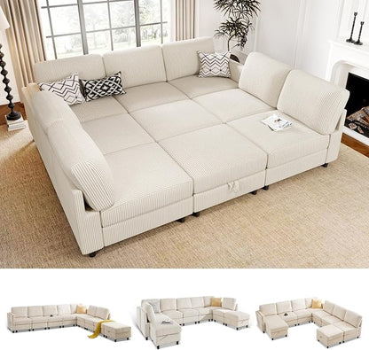KKL Modular Sectional Sofa Bed - Sofabed with Storage Ottoman, Convertible L/U-Shaped Sleeper Couch for Living Room, Modern Reversible Design, Beige