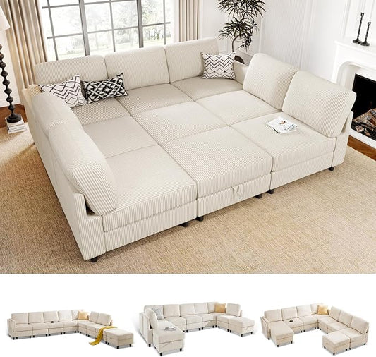 KKL Modular Sectional Sofa Bed - Sofabed with Storage Ottoman, Convertible L/U-Shaped Sleeper Couch for Living Room, Modern Reversible Design, Beige