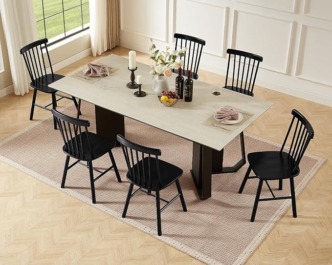 PrimeZone Windsor Dining Chairs Set of 6 - Solid Rubber Wood Farmhouse Kitchen Chair with Spindle Back, Mid-Century Modern Side Dining Chair for Dining Room, Kitchen & Restaurant, Black