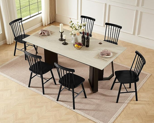 PrimeZone Windsor Dining Chairs Set of 6 - Solid Rubber Wood Farmhouse Kitchen Chair with Spindle Back, Mid-Century Modern Side Dining Chair for Dining Room, Kitchen & Restaurant, Black