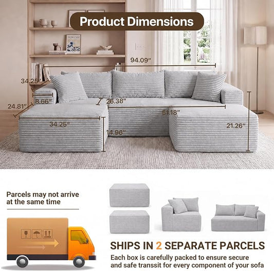 Claiks 94" Boneless Couch, Cloud Couch Sectional, U-Shape Corduroy Modular Sectional Sofa Deep Seat, Upholstered Couches for Living Room, No Assembly Required, Light Grey
