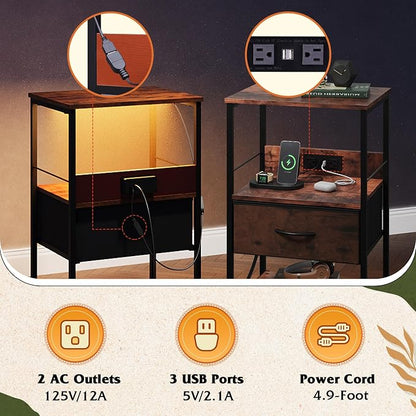 WLIVE Night Stand with Charging Station, LED Nightstand with Fabric Drawer and Open Shelf, Small Bedside Table for Bedroom, Dorm, Small Space, Rustic Brown