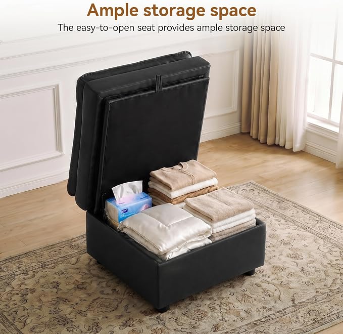 27" Black Faux Leather Storage Ottoman, Large Square Footrest for Couch | Lift-top Storage Keeps Blankets and Clothes Organized, with Padded Upholstery and Anti-slip Legs for Bedroom, Living room.