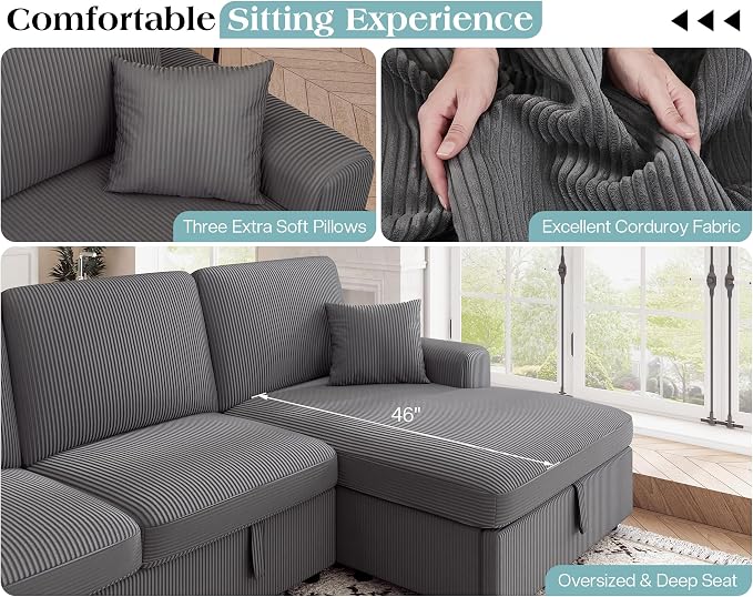 VanAcc 130" Sofa Bed, Sectional Sleeper Sofa with Pull Out Bed, Sleeper Couch for Living Room, 6 Seater Couch with Storage, Corduroy Grey