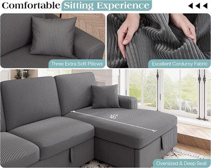 VanAcc 130" Sofa Bed, Sectional Sleeper Sofa with Pull Out Bed, Sleeper Couch for Living Room, 6 Seater Couch with Storage, Corduroy Grey