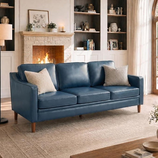 Kingfun 80" Faux Leather Sofa, 3 Seater Couch, Mid Century Modern Couches with Solid Wood Legs for Living Room Bedroom