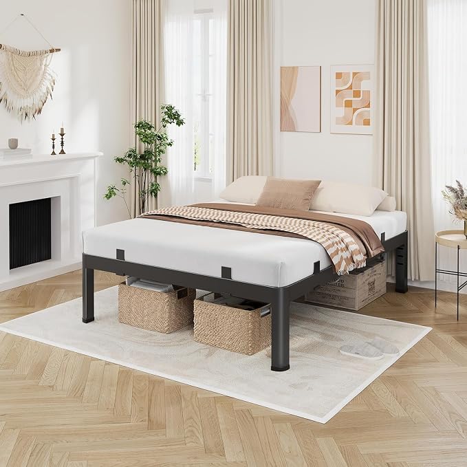 18 Inch California King Bed Frames, Heavy Duty Metal Cal King Bed Frame, Rounded Corner & No-Slip Mattress Grip, 4000LBS Squeak-Free Platform Bed Frame with Headboard Holes Easy Assembly