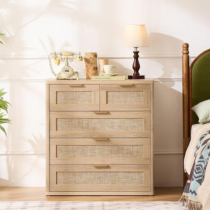 LEYAOYAO Rattan Dresser for Bedroom Set of 2, 33.5" Tall Chest of Drawers, Modern 5 Drawers Boho Dressers with Storage, Light Oak Dresser Wooden Closet Organizer for Living Room, Hallway, Natural Wood