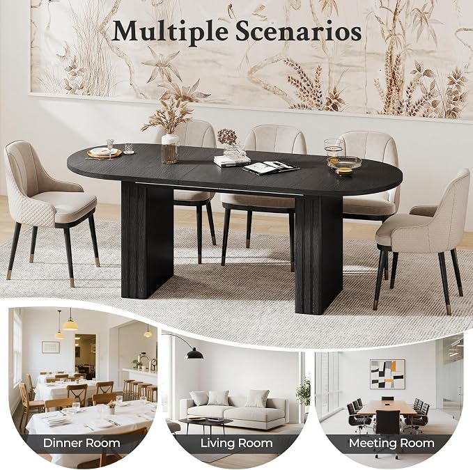 Zevemomo 62.99"-78.74" Oval Expandable Dining Table, Extendable Dining Room Table for 4-8 People with Wooden Strip Base, Modern Kitchen Table with Slide Metal Track, for Family Living Room-Black
