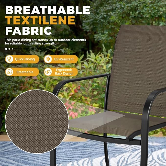 SUNCROWN 8 - Piece Outdoor Dining Set, Patio Furniture Set with 6 Textilene Dinning Chairs, 1 Rectangle Metal Table and 1 Sky Blue 9Ft Patio Umbrella for Lawn Garden Backyard Deck, Brown