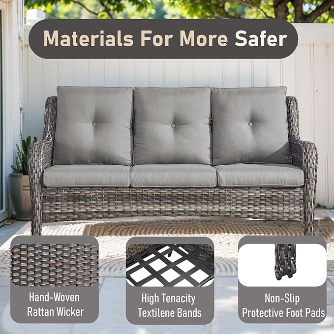 Outdoor Couch All Weather PE Wicker Patio Sofa Outdoor Sofa Deep Seating for Porch Deck Backyard-Grey/Grey