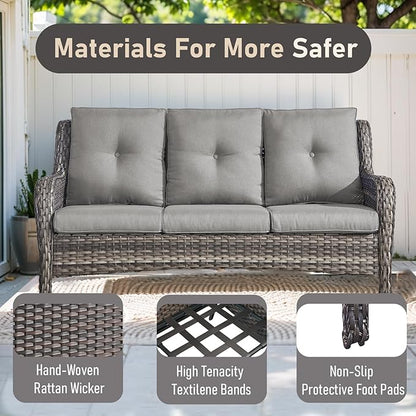 Outdoor Couch All Weather PE Wicker Patio Sofa Outdoor Sofa Deep Seating for Porch Deck Backyard-Grey/Grey
