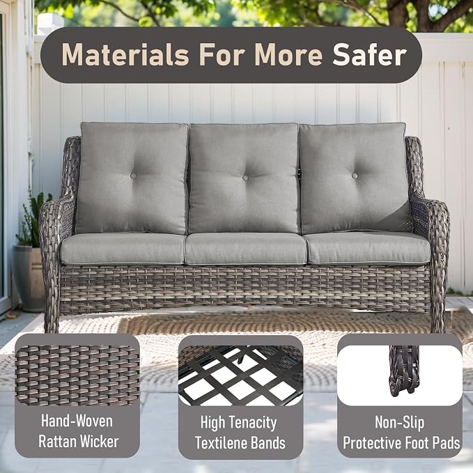 Outdoor Patio Furniture - 3 Seater Outdoor Rattan Wicker Sofa Patio Couch with Ottoman for Porch Deck Garden Backyard - Grey/Grey
