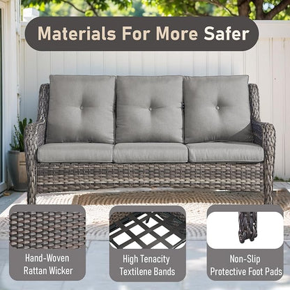 Outdoor Patio Furniture - 3 Seater Outdoor Rattan Wicker Sofa Patio Couch with Ottoman for Porch Deck Garden Backyard - Grey/Grey