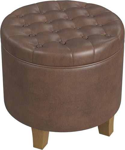 HomePop 19" Faux Leather Button Tufted Round Storage Ottoman - Brown