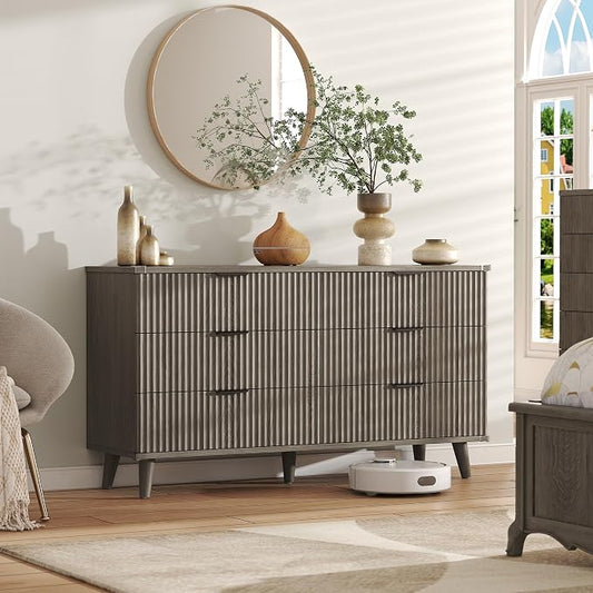 Lulive Wood Dresser for Bedroom with 6 Drawers, 53.2" Long Fluted Modern Chest of Drawers Storage Organizer, Dressers TV Stand for Living Room, Closet, Hallway (Dark Grey Oak)