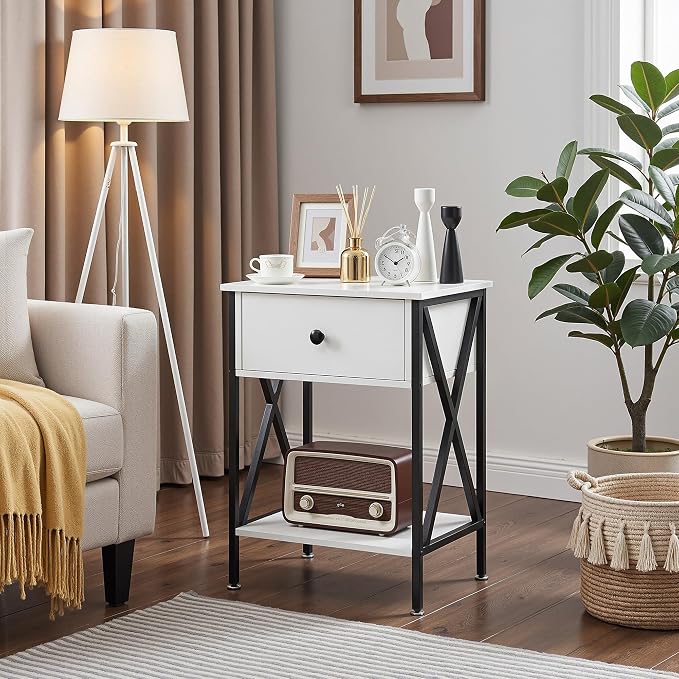 VECELO Nightstand,Modern Bedside End Table, Night Stand with Drawer and Storage Shelf for Living Room Bedroom, Industrial Metal Frame