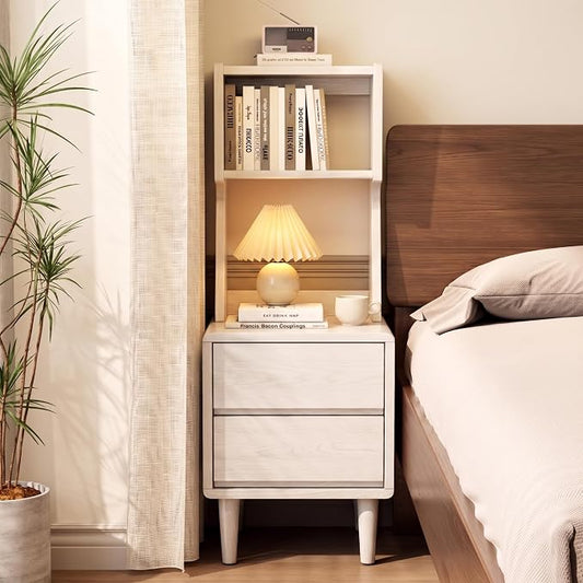 Solid Wood Bookshelf with Drawers,Narrow bookcase with Storage Shelves,Tall Nightstand with Drawers,Mid Century Modern Nightstand,Open Shelf Bookcase,Small Book Shelf for Bedroom,Living Room,Offices