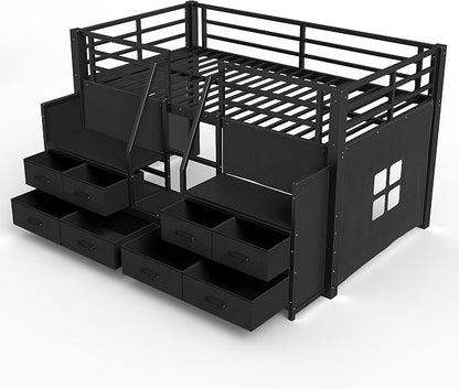 Bellemave Twin Size Loft Bed with 8 Non-Woven Fabric Storage Drawers and Bookshelf, Low Loft Bed with Lights and Private Play Curtain, Twin Loft Beds with High Rails, Noise Reduced Black