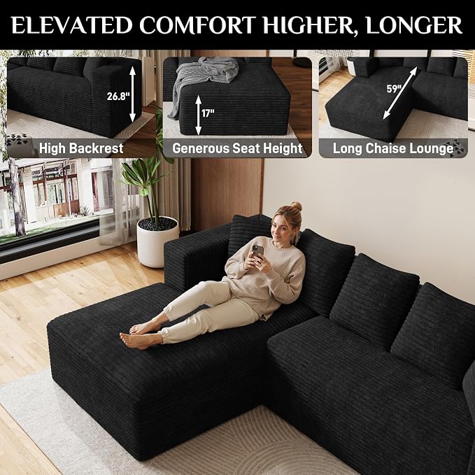 Oversized L Shaped Boneless Sectional Couches for Living Room, 107" Comfy Fluffy Cloud Modular Sectional Sofa, Plush Corduroy Memory Foam Floor Sofa with Left Facing Chaise Couch