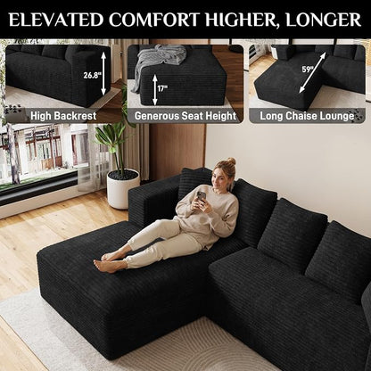 Oversized L Shaped Boneless Sectional Couches for Living Room, 107" Comfy Fluffy Cloud Modular Sectional Sofa, Plush Corduroy Memory Foam Floor Sofa with Left Facing Chaise Couch