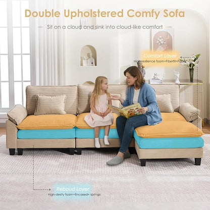 122" Corduroy Modular Sectional Sofa, Convertible L Shaped Modular Sofa Comfy Cloud Couch with Ottoman, Side Pockets and 3 Throw Pillows for Living Room, Kahki, 4 Seats