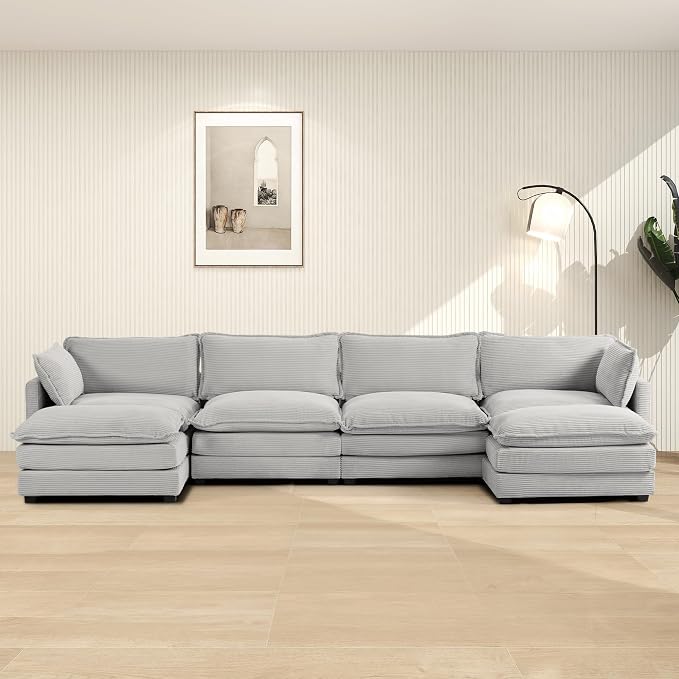 ROWHY 148'' Sectional Cloud Couch with 2 Ottomans, Oversized 4 Seat Sleeper Sofa with 2 Throw Pillows, Convertible Upholstered U Shaped Cozy Sofa Furniture Set for Living Room and Office, Light Grey