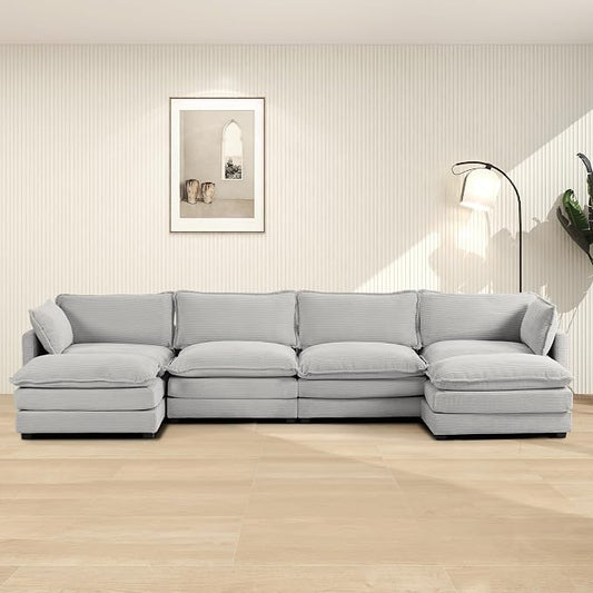 ROWHY 148'' Sectional Cloud Couch with 2 Ottomans, Oversized 4 Seat Sleeper Sofa with 2 Throw Pillows, Convertible Upholstered U Shaped Cozy Sofa Furniture Set for Living Room and Office, Light Grey