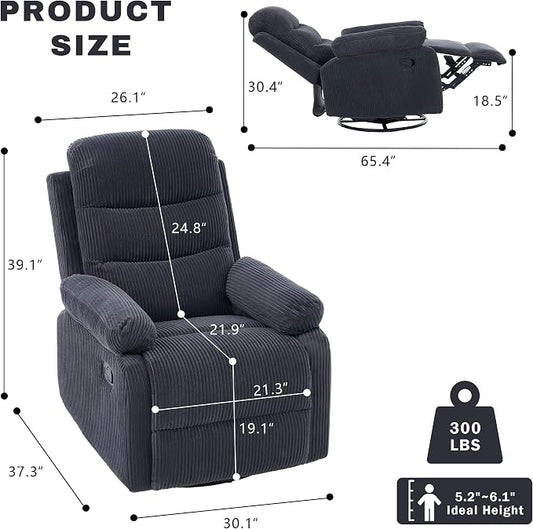 Rocking Recliner Chair,Modern Swivel Glider Recliner Chair,Corduroy Fabric Upholstery Recliner,Manual Reclining Sofa Chair for Living Room,Office,Apartment (Dark Grey)