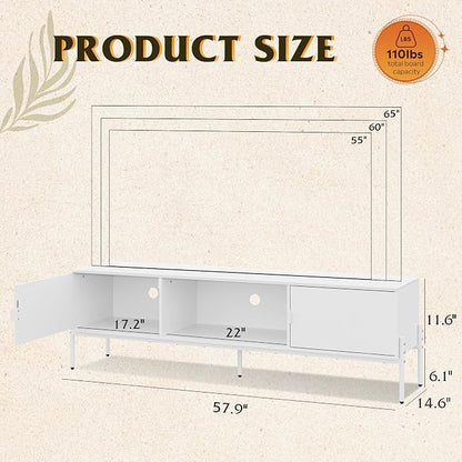 WLIVE 58" TV Stand for 65 Inch TVs, Mid Century Modern Entertainment Center with 2 Storage Cabinets & Open Shelf, Media Console Table with Metal Legs for Living Room, Bedroom, White