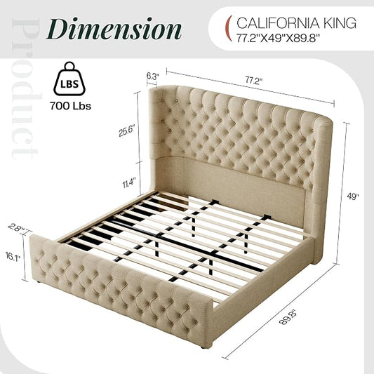 Jocisland California King Size Upholstered Bed Frame with 6.3-Inch Curved Wingback Headboard, Tufted Footboard, Wood Slats, No Box Spring Needed, Khaki Linen