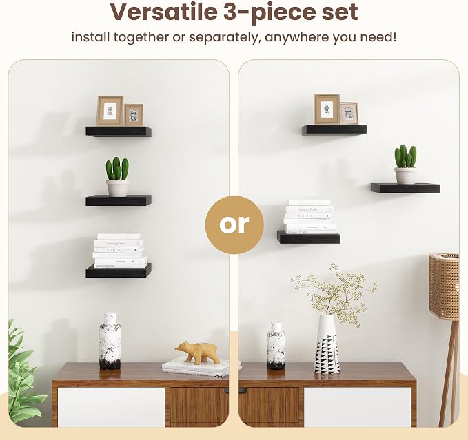 Fun Memories Floating Shelves for Wall - 9.3 Inch Square Shelves with Invisible Brackets, Black Small Wall Shelf for Living Room, Bathroom, Bedroom, and Kitchen Decor Black Set of 3