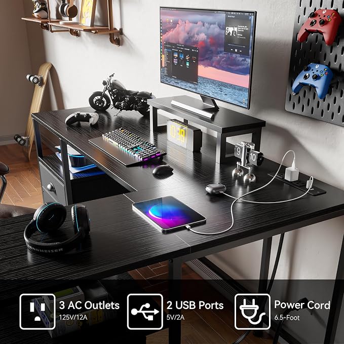 Furologee 50 Inch L Shaped Gaming Desk with Power Outlet, Corner Computer Desk for Home Office, Reversible Work Study Table with File Drawer, Monitor Stand, Storage Shelves, Black