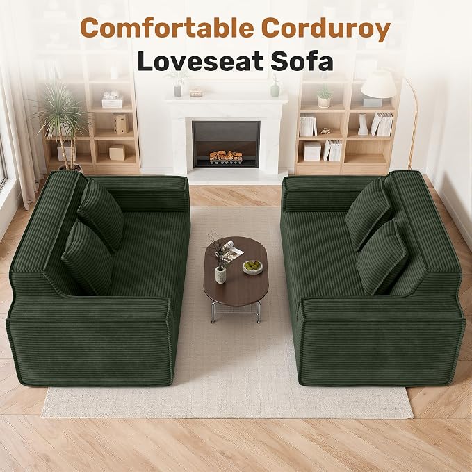 75'' Modern Cloud Loveseat Sofa Set of 2, No Assembly Required Comfy Deep Seat Couches 2 pcs for Living Room, Bedroom, Apartment (Corduroy-Green)