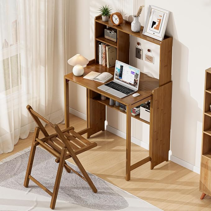 Bamboo Folding Desk with Bookshelf, Compact Computer Desk with Hutch for Small Spaces, Foldable Desk with Storage Shelf, Space-Saving Home Office Desk for Bedroom, Dorm, Apartment,Brown