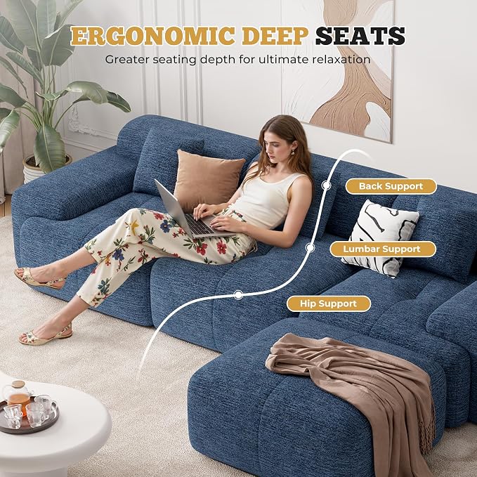 122" Modern Boneless Couches for Living Room, Convertible L Shaped Modular Sectional Sofa,4 Seater Cloud Couch Sofa Set, Blue 1 PCS