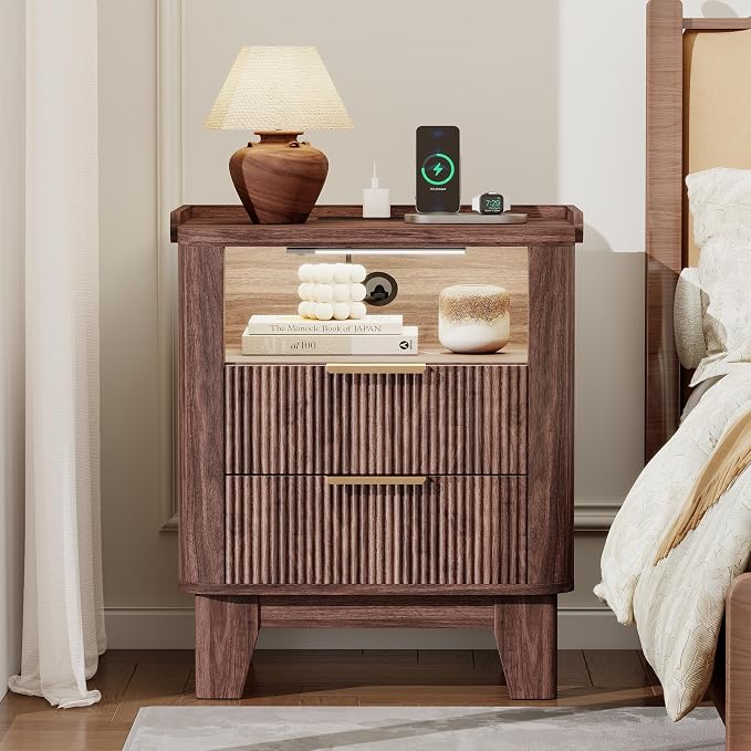 Baoz Walnut Fluted Nightstand with Charging Station & 2 Wooden Drawers | 20" Wide Mid Century Modern Bedside Table Wood Curved Profile Design 27in Tall LED Night Stand