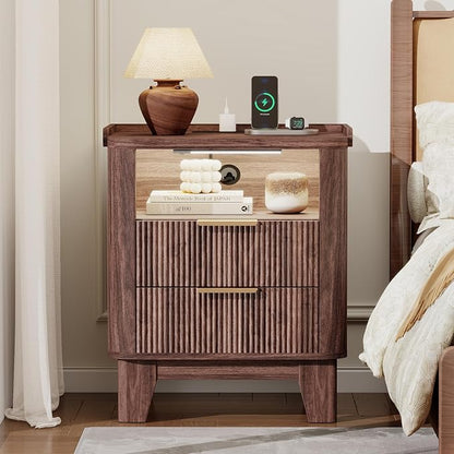 Baoz Walnut Fluted Nightstand with Charging Station & 2 Wooden Drawers | 20" Wide Mid Century Modern Bedside Table Wood Curved Profile Design 27in Tall LED Night Stand